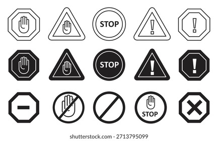 Conjunto de iconos de mano de Stop Gesture: Vector rojo de señal de advertencia, Colección de iconos de símbolo de mano de Stop, Iconos de mano de Stop Prohibition: Vector de advertencia de seguridad