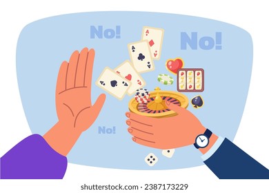 Stop gesture with hand, playing cards, roulette wheel, dices, poker chips, slot machine. Flat vector illustration. Restrictions, prohibitions of gambling concept