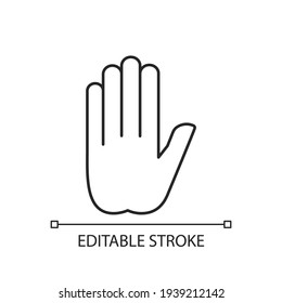 Stop Gesture Linear Icon. Prohibition Of Something. Palm Of A Hand With Five Fingers. Strict Ban. Thin Line Customizable Illustration. Contour Symbol. Vector Isolated Outline Drawing. Editable Stroke