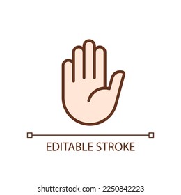 Detener el icono de color RGB perfecto del píxel de gesto. Conciencia sobre la prohibición y la restricción. Lengua corporal. Ilustración vectorial aislada. Dibujo de línea simple relleno. Trazo editable. Tipo de letra arial utilizado