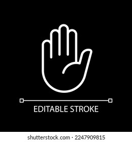 Stop gesture pixel perfect white linear icon for dark theme. Prohibition and restriction. Body language. Thin line illustration. Isolated symbol for night mode. Editable stroke. Arial font used