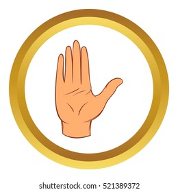 Stop gesture vector icon in golden circle, cartoon style isolated on white background