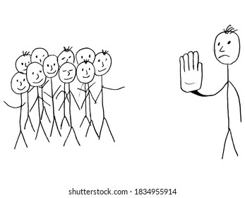 Stop gesture via restrictions due to coronavirus pandemic. Motive of illness, problems with coronavirus. Vector illustration children style. Can be used printing, web illustration