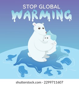 Stop global warming banner. Vector flat illustration. Polar bears on a glacier. Global warming concept