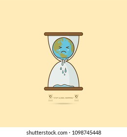 Stop global warming. cartoon character of Planet earth in hourglass limited time concept on blue background vector illustration.