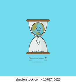 Stop global warming. cartoon character of Planet earth in hourglass limited time concept on blue background vector illustration.