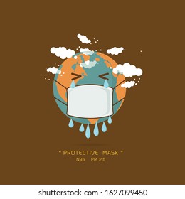 Stop global warming. cartoon character of Planet earth wearing pollution mask concept for air quality vector illustration.