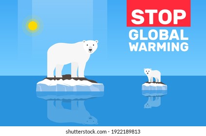 stop global warming change climate concept .polar bear and cube on floe melting iceberg vector illustration