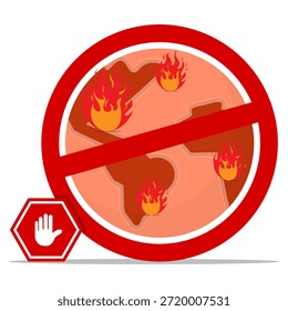 Stop global warming concept illustration with prohibition sign over burning earth. Symbolizing climate action, environmental protection, sustainability, and urgent warning against climate crisis.