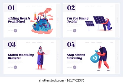 Stop Global Warming and Nature Pollution Website Landing Page. Earth Atmosphere Temperature Rising, Factory CO2 Gas Emission, Plastic Garbage Ecology Web Page Banner. Cartoon Flat Vector Illustration