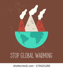Afiche para detener el calentamiento global con globos y fábricas contaminando el aire. Diseño de problemas ecológicos