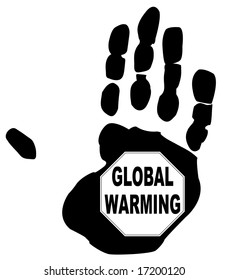 stop global warming sign in the print of a hand