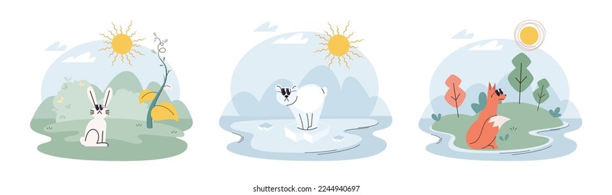 Stop global warming. Wild animals suffer from heat and lots of sun and climate change, they sitting in forest in sunglasses. Global temperatures increasing. Environment problem, nature protection