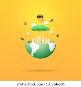 Stop global warming,Save the earth concept paper art style.Ecology and environment conservation concept.Vector illustration.