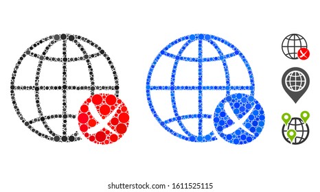 Stop global web composition of filled circles in variable sizes and color tones, based on stop global web icon. Vector small circles are combined into blue illustration.