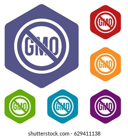 Stop GMO icons set hexagon isolated vector illustration