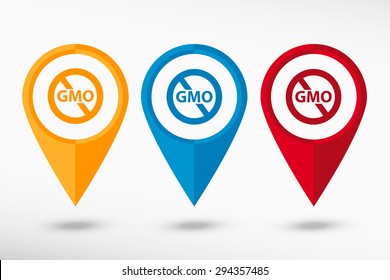 Stop GMO. Without Genetically modified food symbol.  No GMO sign icon map pointer, vector illustration. Flat design style