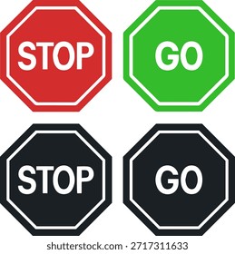 Conjunto de iconos de señales de stop and go, Vector plano, tráfico octogonal y símbolos de señal