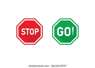 Stop and Go Signs Circular Icons Displaying in Red and Blue with Long Shadow.