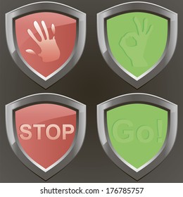 stop and go vector set with cancel signal arm and ok sign. Four metal signs.