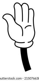 Detener o saludar, gesto aislado de la mano del personal en guantes. Comunicación no verbal y habla, pegatina o diseño emoticono. Brazo del personaje de la línea de dibujos animados simple y minimalista. Vector de estilo plano