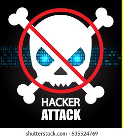 Stop Hacker Attack Abstract Background with Binary Code, Skull, Bones and for Place Text. Pirate Icon with Jolly Roger. Vector illustration