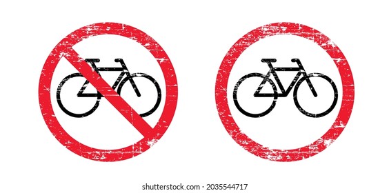 No se permite el alto, no se permite la bicicleta ni se prohíbe la zona de estacionamiento o la ruta para bicicletas. Banner de ciclista deportivo. Icono de no prohibición de ciclismo. Vieja placa vectorial a zona de estacionamiento. Signo de metal oxidado vintage.