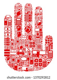 Stop Hand collage icon designed for bigdata and computing purposes. Vector stop hand mosaics are composed from computer, calculator, connections, wi-fi, network,