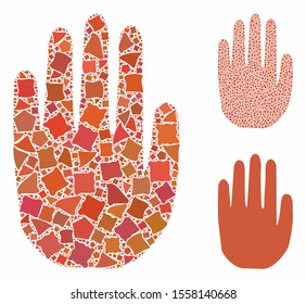 Stop hand composition of rough parts in different sizes and color tones, based on stop hand icon. Vector rough parts are organized into mosaic. Stop hand icons collage with dotted pattern.