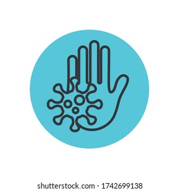 stop hand with coronavirs symbol icon over white background, block line style, vector illustration