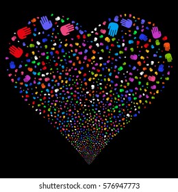 Stop Hand fireworks with heart shape. Vector illustration style is flat bright multicolored iconic symbols on a black background. Object heart done from scattered symbols.