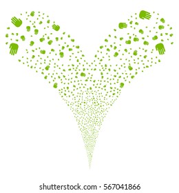 Stop Hand fireworks stream. Vector illustration style is flat eco green iconic symbols on a white background. Object double fountain constructed from random pictographs.