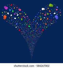 Stop Hand fireworks stream. Vector illustration style is flat bright multicolored iconic symbols on a blue background. Object double fountain made from random symbols.