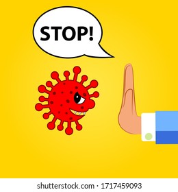 Stop hand gesture against virus. Vector illustration.