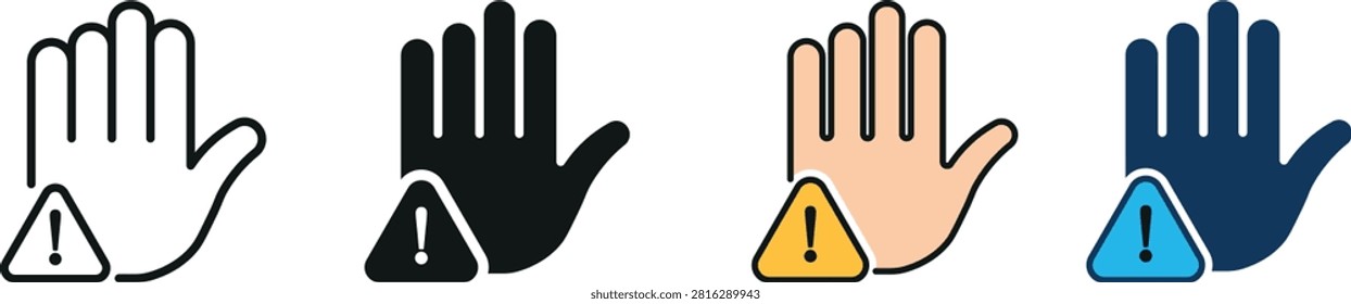 Stop Hand Gesture Vector Icon Set with Warning Triangle and Caution Sign