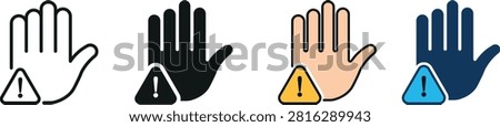 Stop Hand Gesture Vector Icon Set with Warning Triangle and Caution Sign