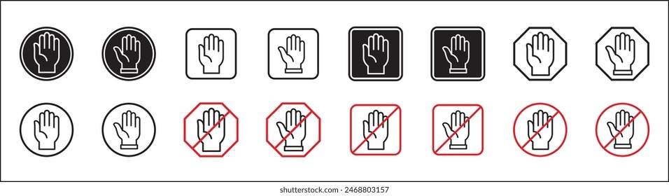 Stop hand icon. Forbidden sign collection. Hand gesture restriction symbol. No entry signs. Vector graphic design template isolated on white background. Symbol of forbidden, restricted area, banned.