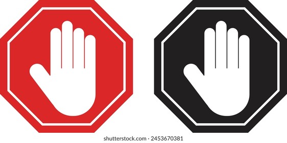 Stop hand icon set in black and red . Red forbidding sign with hand . No entry hand sign . Vector illustration