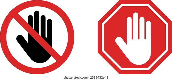 Stop hand icon set . Red stop sign . Stop warning icon with hand symbol . Vector illustration