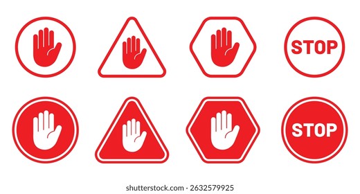 Stop hand icon set. Stop road sign. Hand stop icon vector illustration isolated on white background
