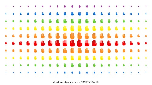 Stop hand icon spectral halftone pattern. Vector stop hand items are arranged into halftone array with vertical spectrum gradient. Constructed for backgrounds, covers, templates and abstract concepts.