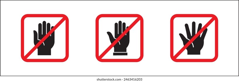 Stop hand icon. Square shape forbidden sign. Hand gesture restriction symbol. No entry signs. Vector graphic design template isolated on white background. Symbol of forbidden, restricted area, banned.