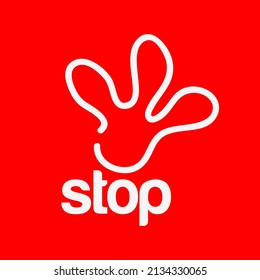 Stop with hand icon. Vector Illustration on red background.