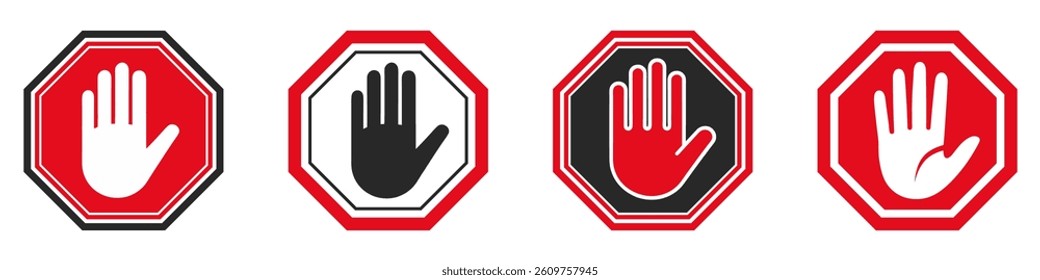 Stop hand icons set. Stop or ban red round sign with hand icon. Vector illustration. Forbidden sign. Touch with hands is prohibited