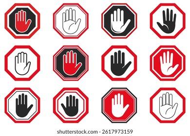 Stop hand icons set. Stop or ban red round sign with hand icon. Vector illustration. Forbidden sign. Touch with hands is prohibited