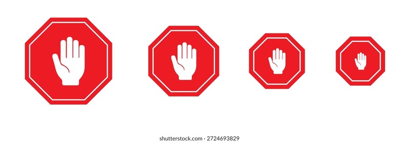 Iconos del octágono de la mano de la parada – Sistema de señales planas de la seguridad con las manos blancas y negras en estilo del símbolo del tráfico