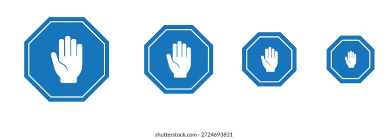 Iconos del octágono de la mano de la parada – Sistema de señales planas de la seguridad con las manos blancas y negras en estilo del símbolo del tráfico