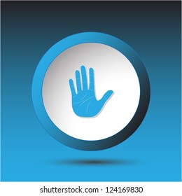Stop hand. Plastic button. Vector illustration.