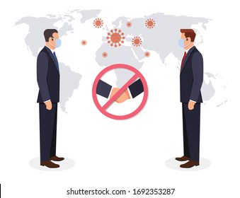 Stop Hand Shake Concept. Don't Touch Please, Stay Safe. Two Businessman Keep Distance Away In The Meeting With Virus Pathogens.