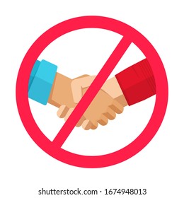 Señal de no difundir virus de la infección o prohibición de que la gente aprete la mano Icono de precaución Icono vectorial ilustración plana idea de advertencia pandémica o símbolo prohibido diseño moderno aislado